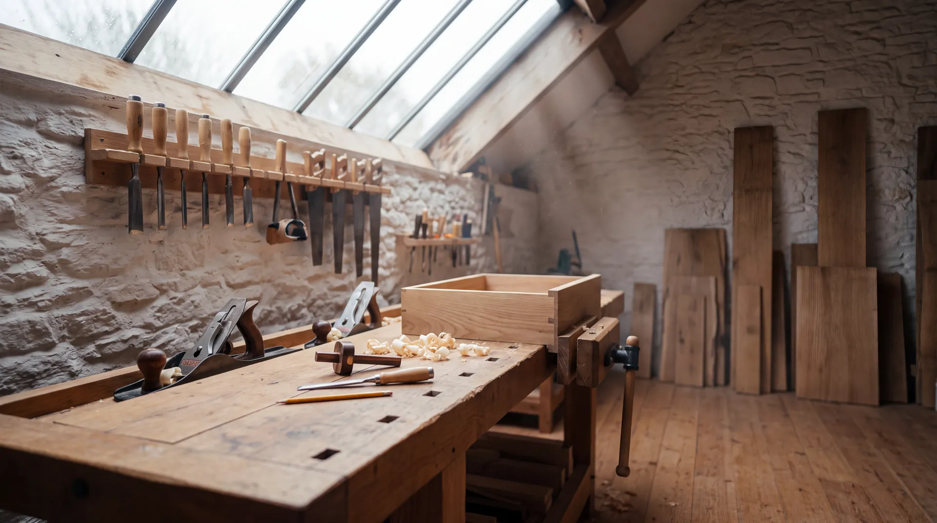 L'atelier : établi en chêne, outils à main rangés au mur, lumière d'une grande verrière