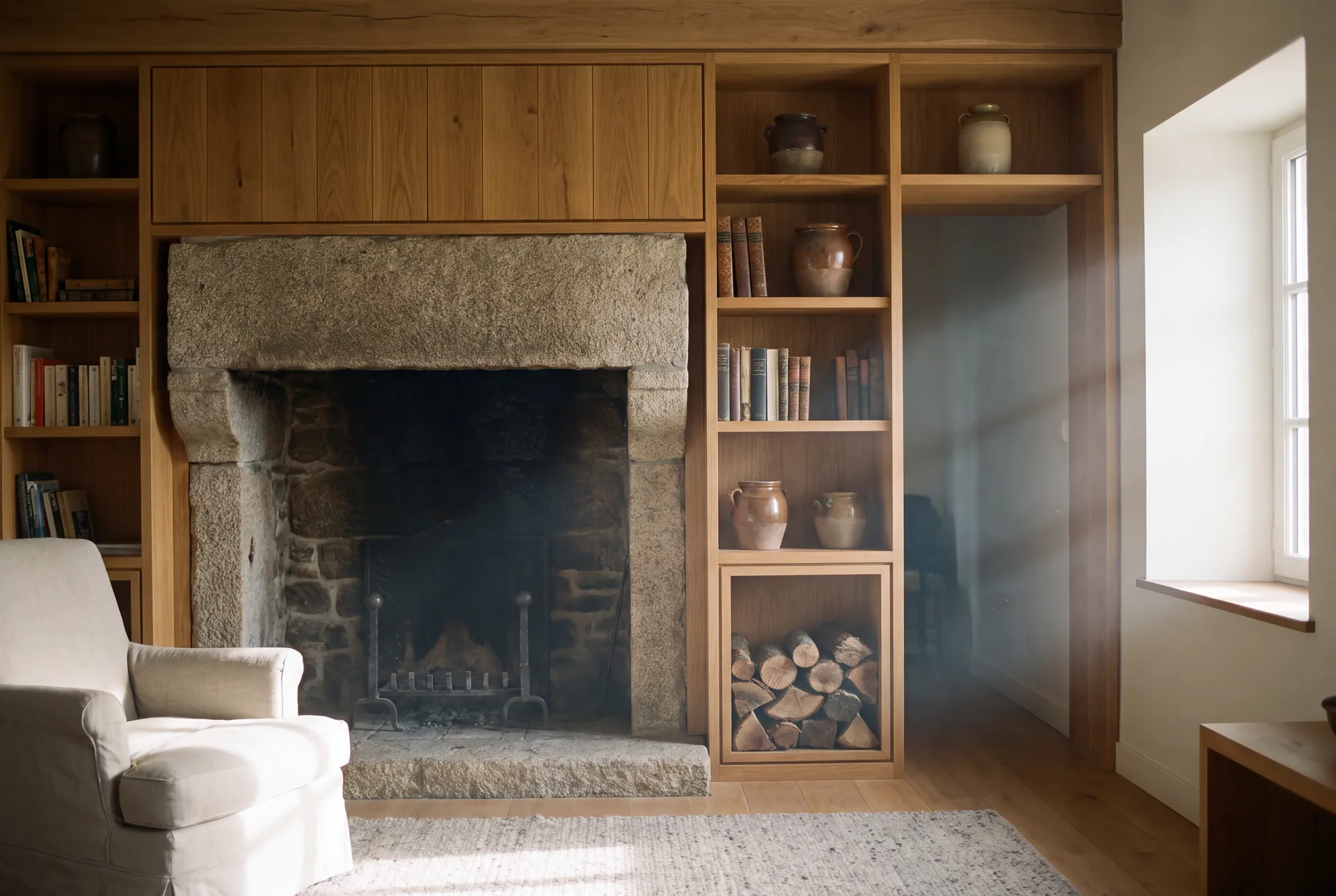 Bibliothèque en chêne clair encadrant une cheminée en granit dans un salon lumineux