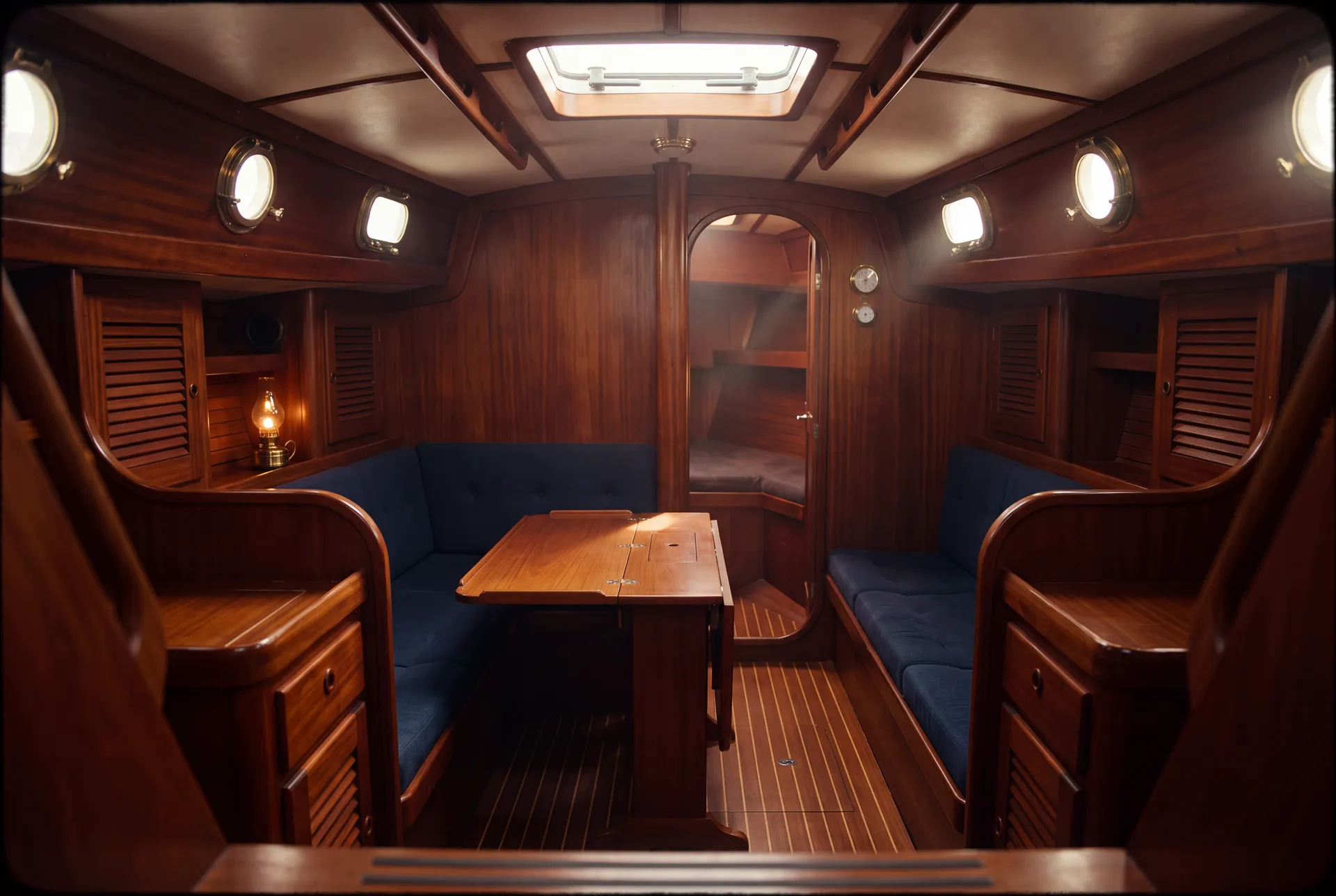 Intérieur de voilier avec boiseries en acajou verni et banquettes